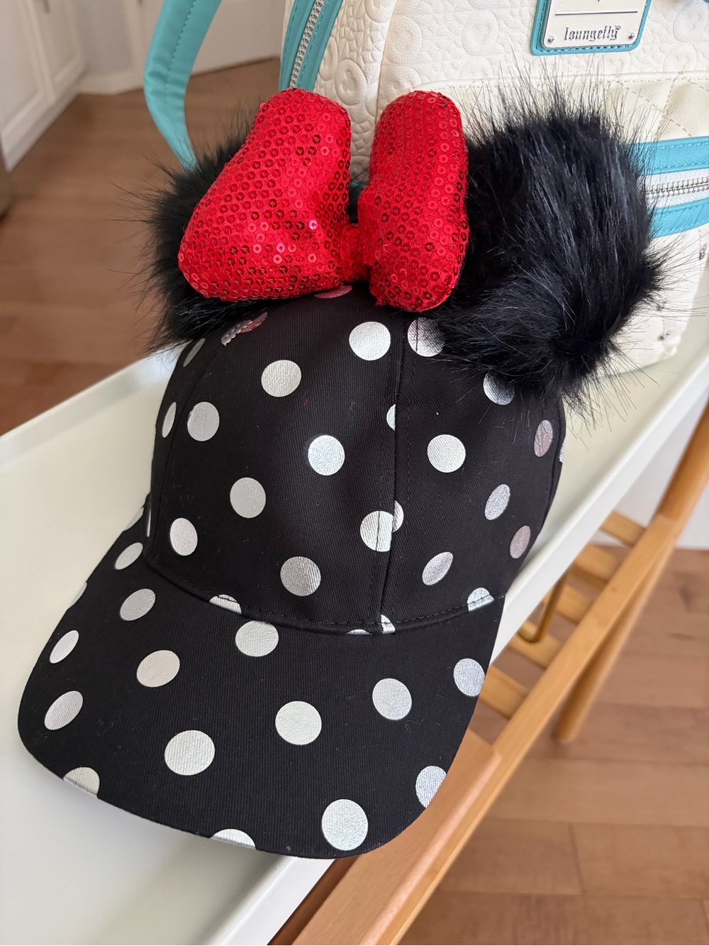 Disney Parks Minnie Mouse Polka Dot Baseball Cap with Red Sequin Bow